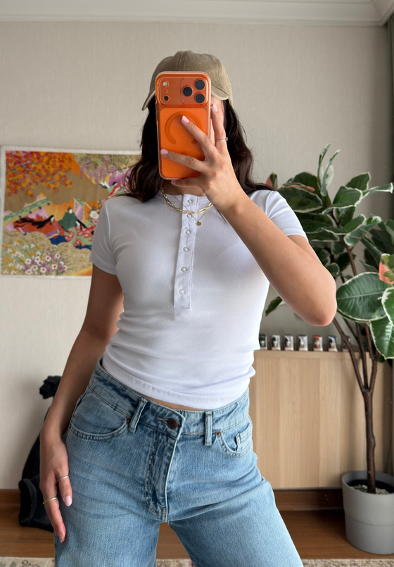 Sare Çıtlı Basic T-Shirt Beyaz