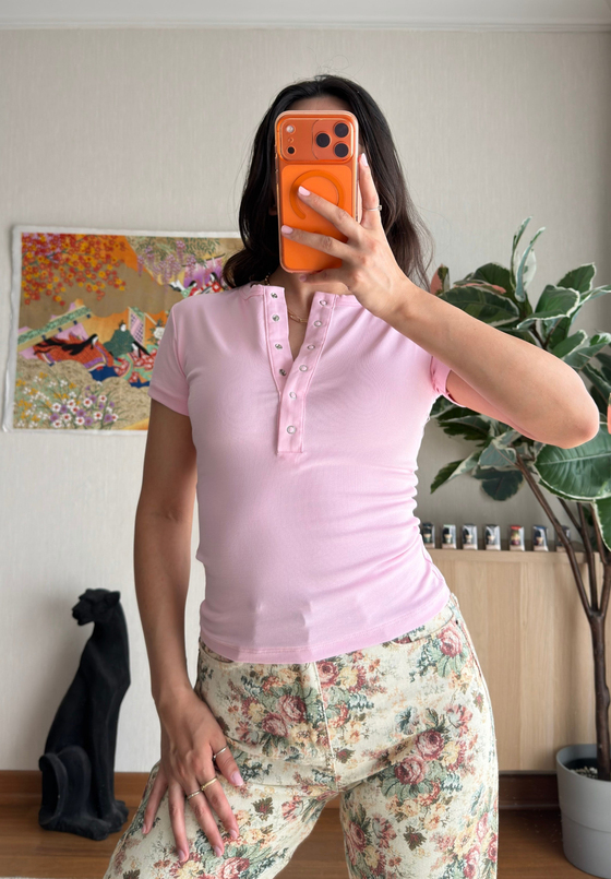 Sare Çıtlı Basic T-Shirt Pembe