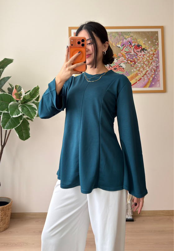Sırtı Bağcıklı İspanyol Kol Peplum Bluz Petrol Yeşili