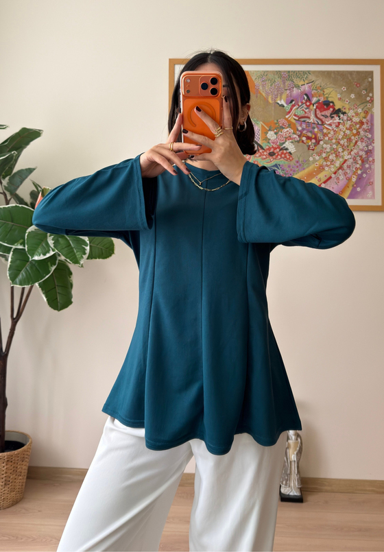 Sırtı Bağcıklı İspanyol Kol Peplum Bluz Petrol Yeşili
