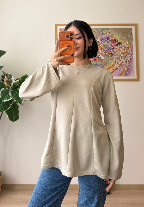 Sırtı Bağcıklı İspanyol Kol Peplum Bluz Bej
