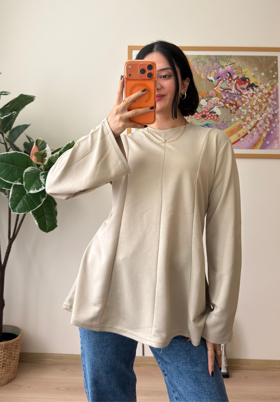 Sırtı Bağcıklı İspanyol Kol Peplum Bluz Bej