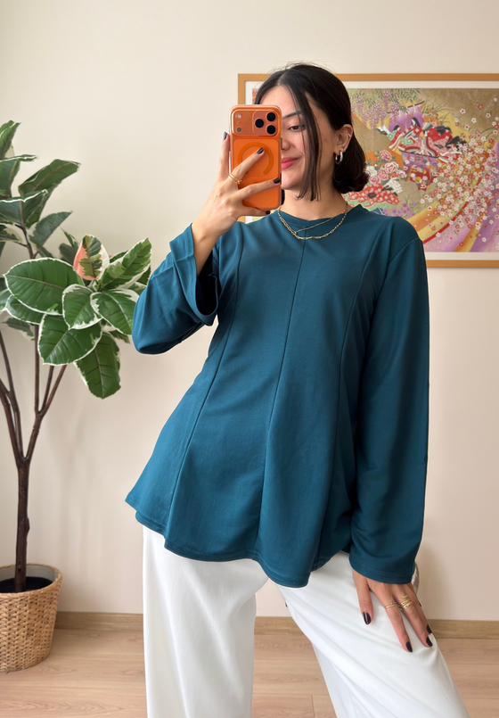 Sırtı Bağcıklı İspanyol Kol Peplum Bluz Petrol Yeşili