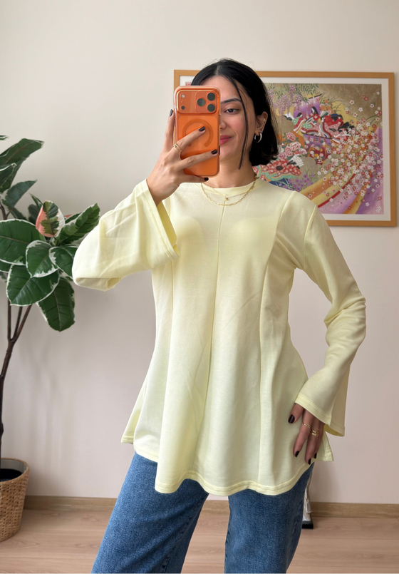 Sırtı Bağcıklı İspanyol Kol Peplum Bluz Sarı