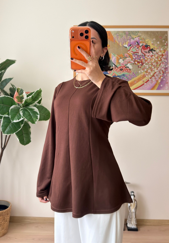 Sırtı Bağcıklı İspanyol Kol Peplum Bluz Kahve