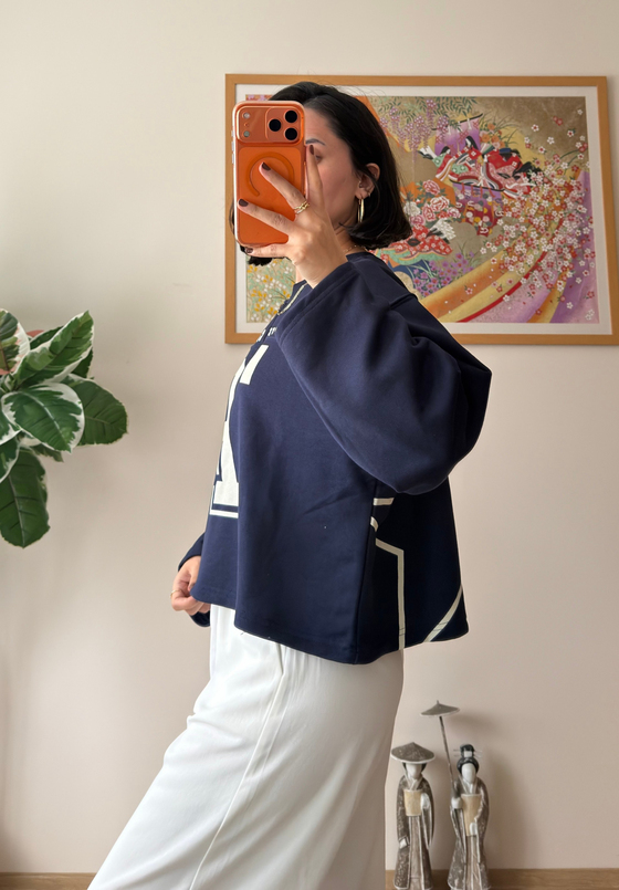 Sırtı Yıldız Baskılı Üç İplik Oversize Sweatshirt Lacivert