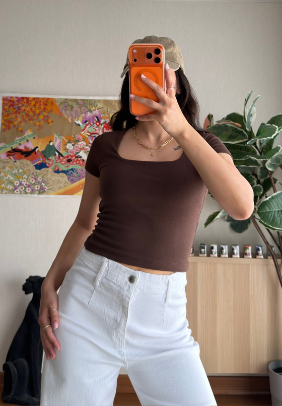 Swey Kare Yaka T-Shirt Kahve