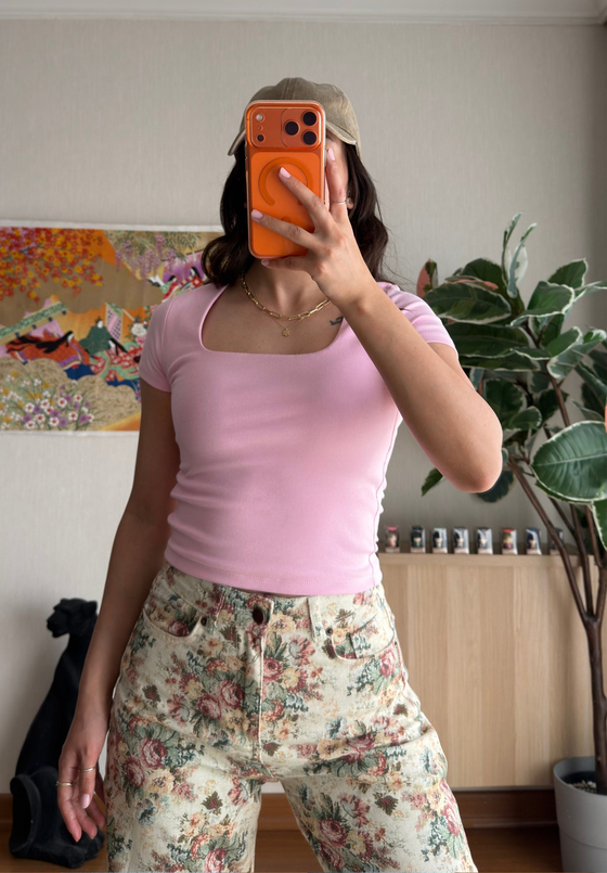 Swey Kare Yaka T-Shirt Pembe