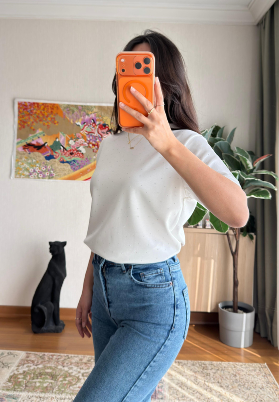 Taşlı Basic Modal T-Shirt Beyaz