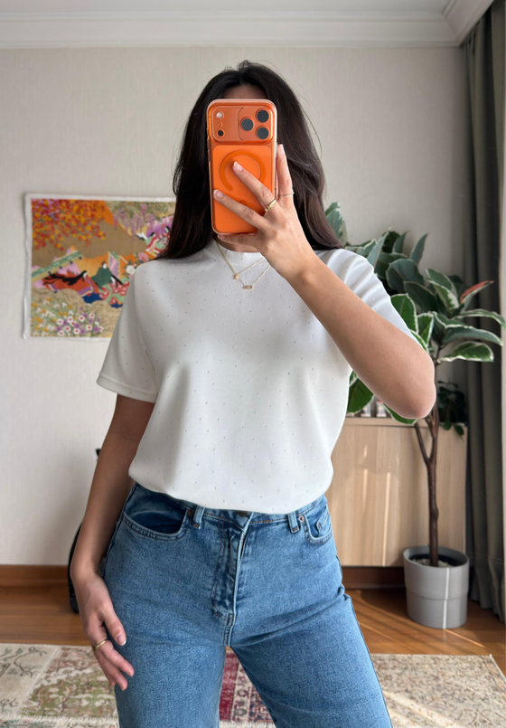 Taşlı Basic Modal T-Shirt Beyaz