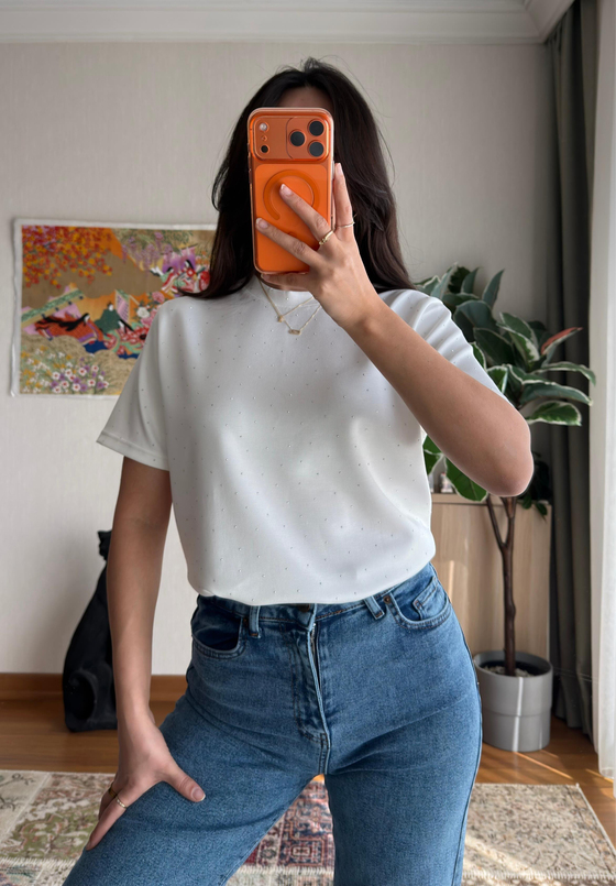 Taşlı Basic Modal T-Shirt Beyaz