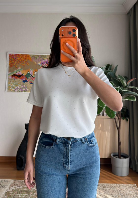 Taşlı Basic Modal T-Shirt Beyaz