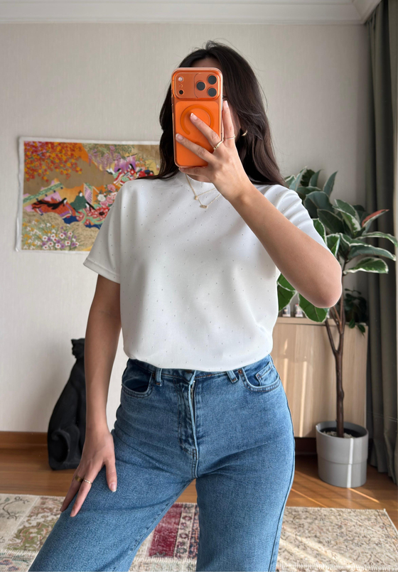 Taşlı Basic Modal T-Shirt Beyaz