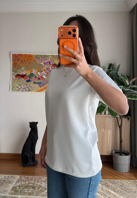 Taşlı Basic Modal T-Shirt Beyaz