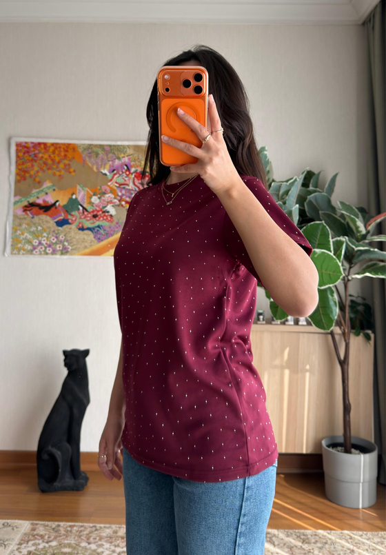 Taşlı Basic Modal T-Shirt Bordo