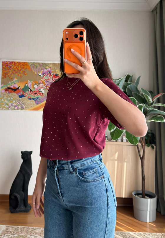Taşlı Basic Modal T-Shirt Bordo