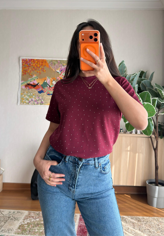 Taşlı Basic Modal T-Shirt Bordo