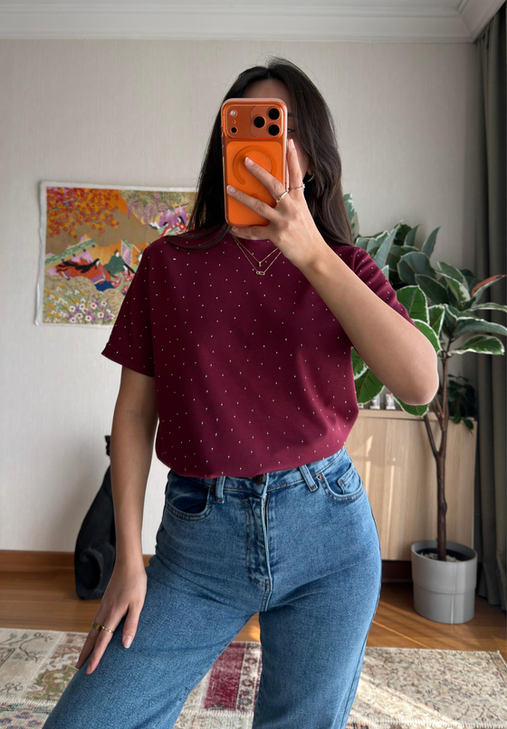 Taşlı Basic Modal T-Shirt Bordo