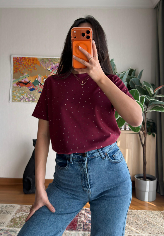 Taşlı Basic Modal T-Shirt Bordo