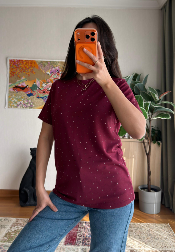 Taşlı Basic Modal T-Shirt Bordo