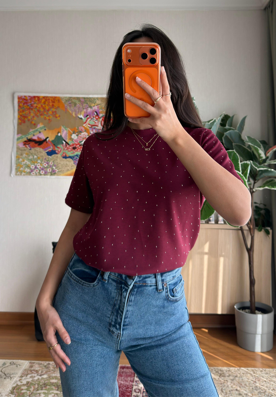 Taşlı Basic Modal T-Shirt Bordo