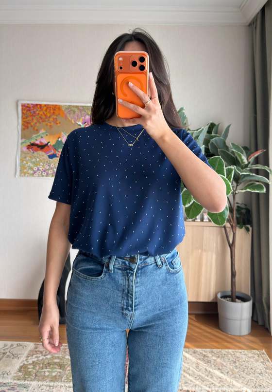 Taşlı Basic Modal T-Shirt Lacivert
