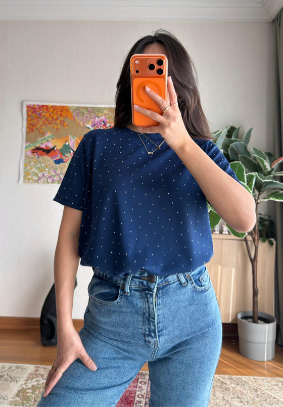 Taşlı Basic Modal T-Shirt Lacivert