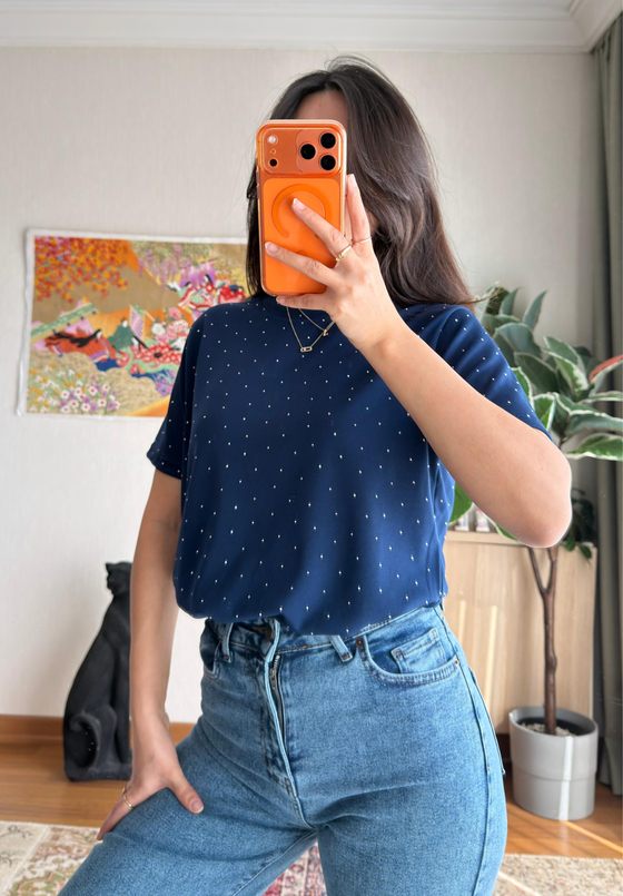Taşlı Basic Modal T-Shirt Lacivert