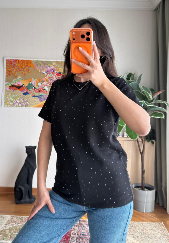 Taşlı Basic Modal T-Shirt Siyah