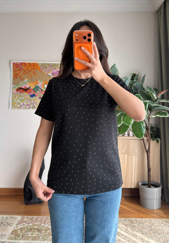 Taşlı Basic Modal T-Shirt Siyah