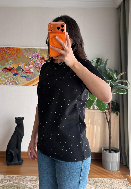 Taşlı Basic Modal T-Shirt Siyah