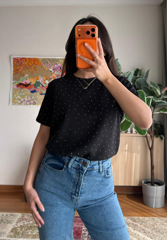 Taşlı Basic Modal T-Shirt Siyah