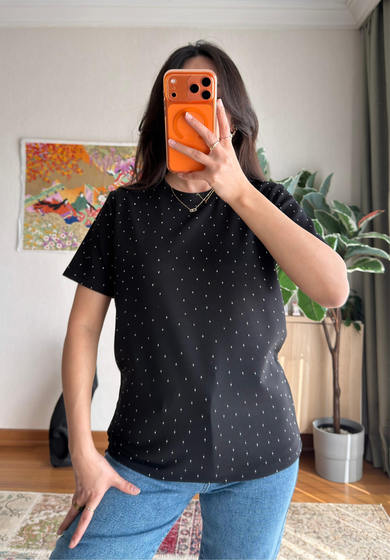 Taşlı Basic Modal T-Shirt Siyah