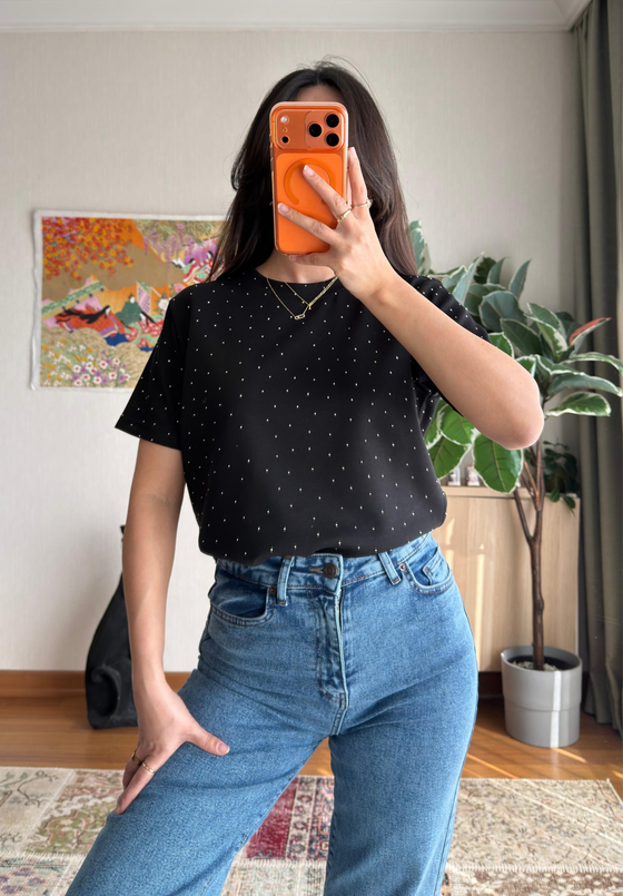 Taşlı Basic Modal T-Shirt Siyah