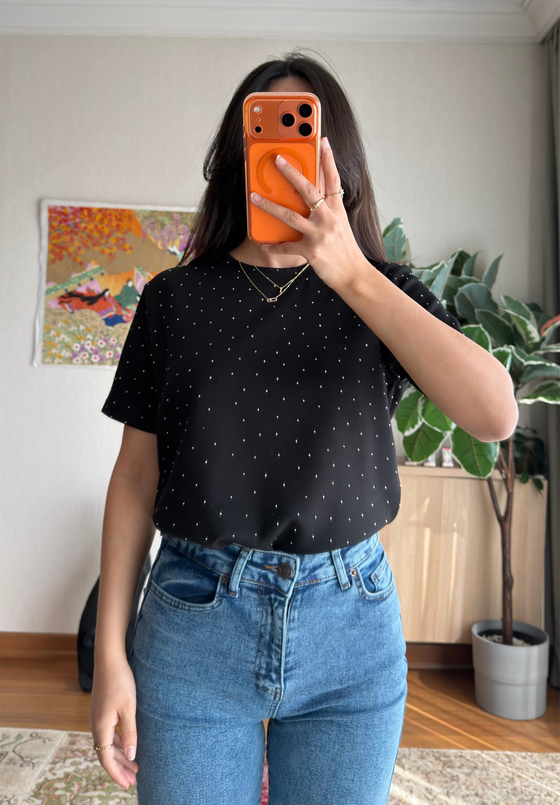 Taşlı Basic Modal T-Shirt Siyah