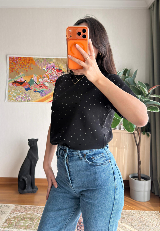 Taşlı Basic Modal T-Shirt Siyah