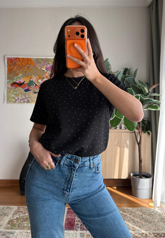 Taşlı Basic Modal T-Shirt Siyah