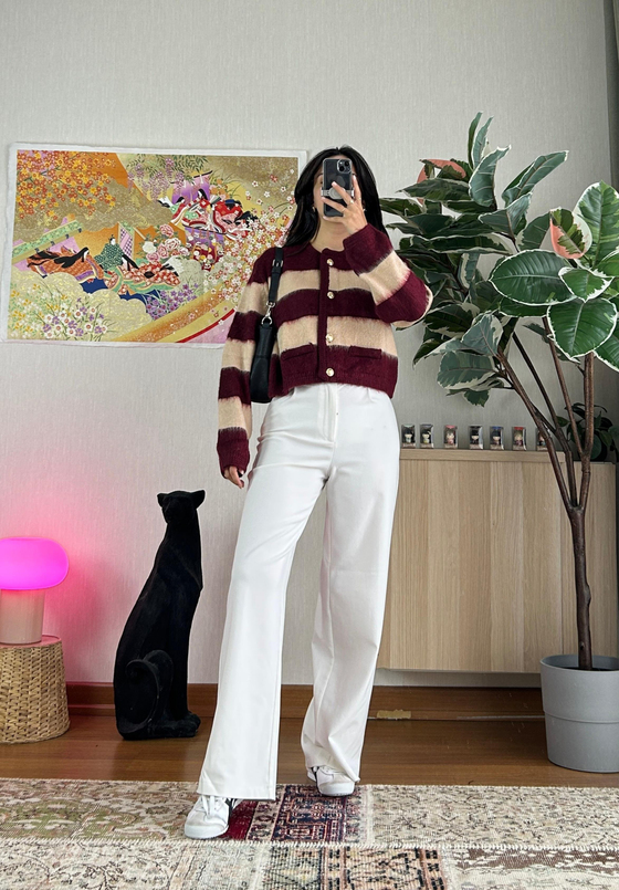 Toshiko Çizgili Hırka Bordo