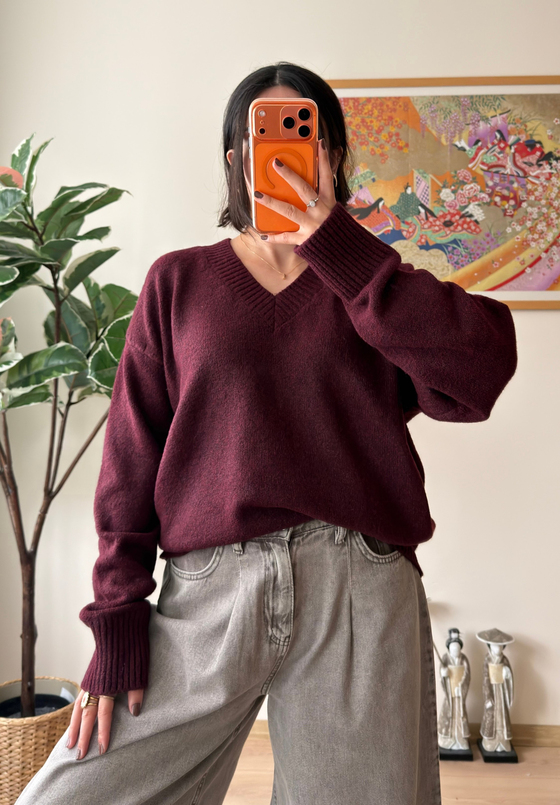 V Yaka Oversize Yumoş Kazak Bordo