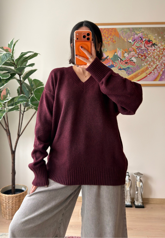 V Yaka Oversize Yumoş Kazak Bordo