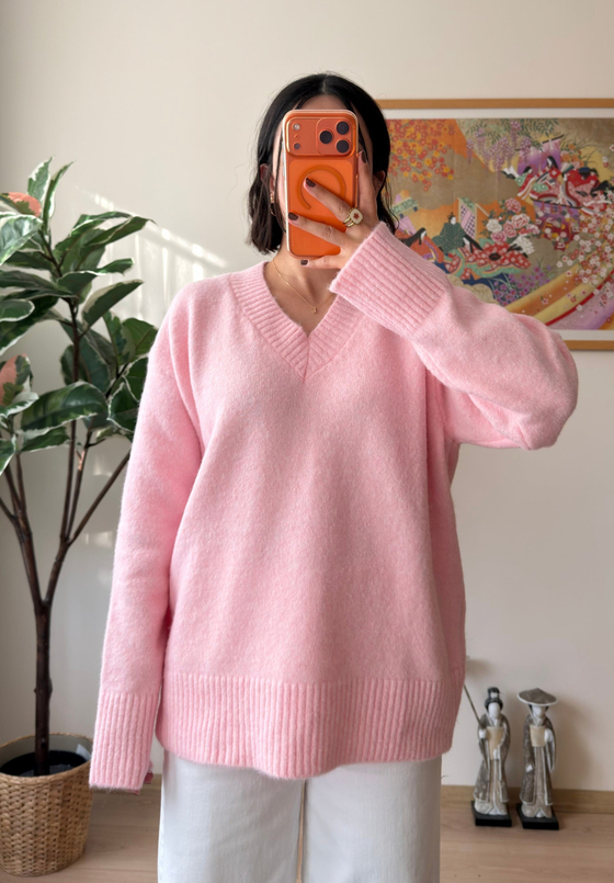 V Yaka Oversize Yumoş Kazak Pembe