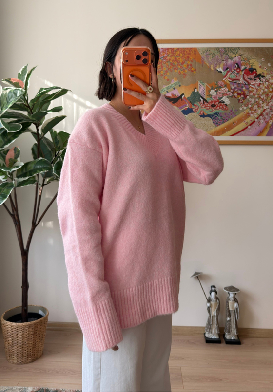 V Yaka Oversize Yumoş Kazak Pembe