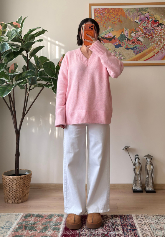 V Yaka Oversize Yumoş Kazak Pembe