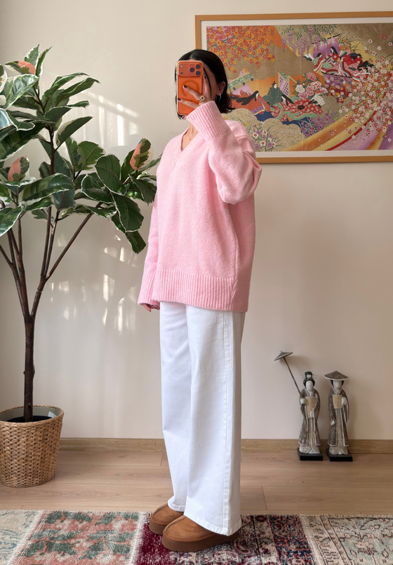V Yaka Oversize Yumoş Kazak Pembe