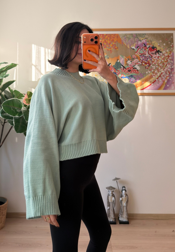 Yarasa Kol Oversize Triko Kazak Çağla Yeşili