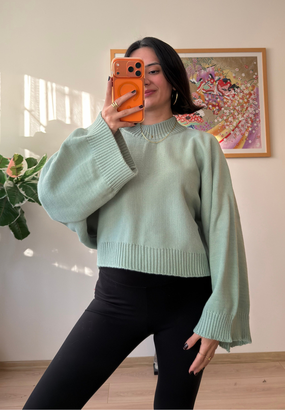 Yarasa Kol Oversize Triko Kazak Çağla Yeşili