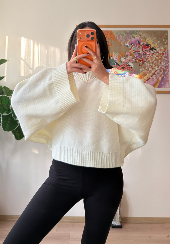 Yarasa Kol Oversize Triko Kazak Ekru