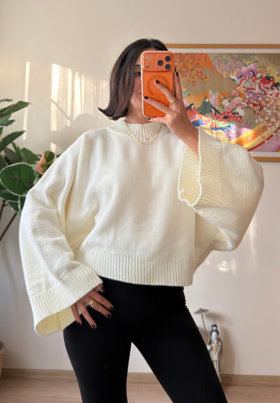 Yarasa Kol Oversize Triko Kazak Ekru