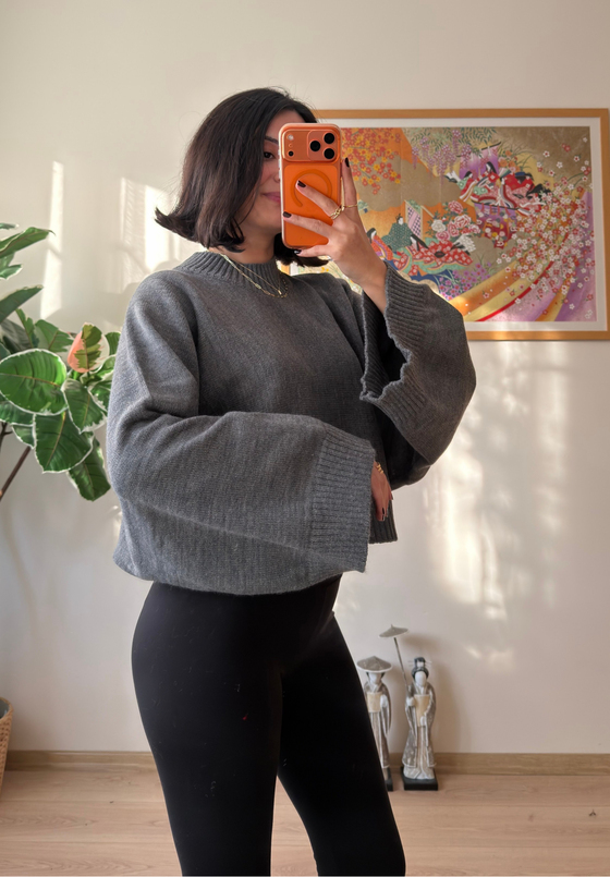 Yarasa Kol Oversize Triko Kazak Füme