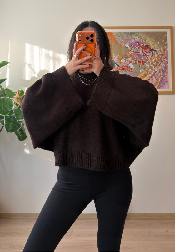 Yarasa Kol Oversize Triko Kazak Kahve